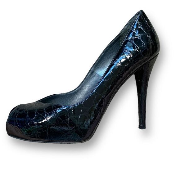 Stuart Weitzman Platform Heels Black Patent Leather Snakeskin Embossed Pumps - Picture 1 of 12